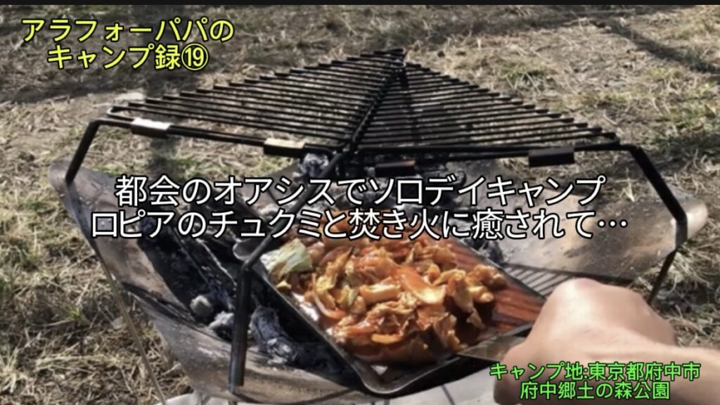 【アラフォーパパのキャンプ録⑲】都会のオアシス「府中郷土の森」でソロデイキャンプ！｜ロピアの旨辛チュクミと焚き火に癒やされて…